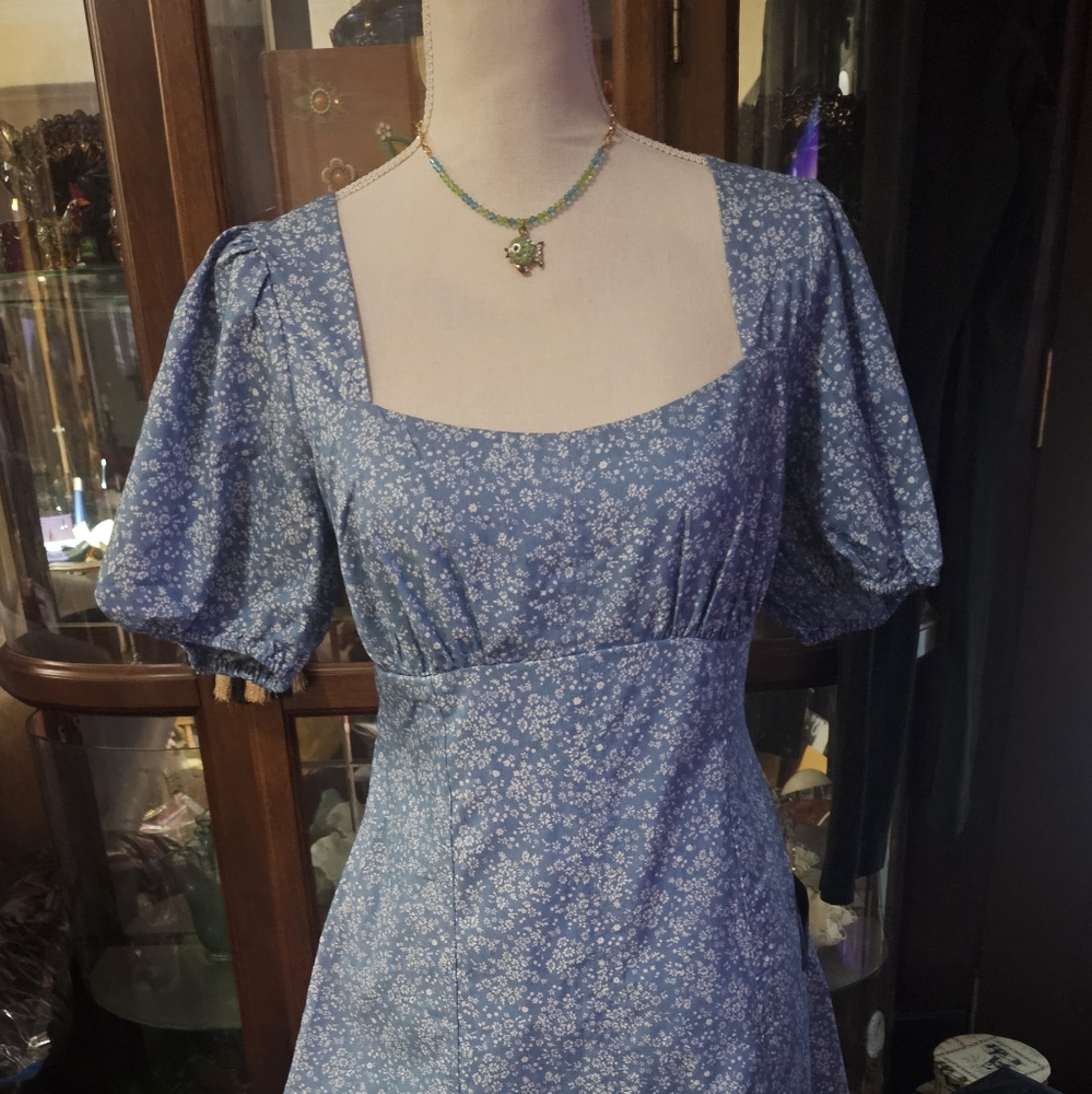Lulus Babydoll Blue Dress Puffy Sleeve Tie Back Cottagcore Zipped Waist (L)  NWT